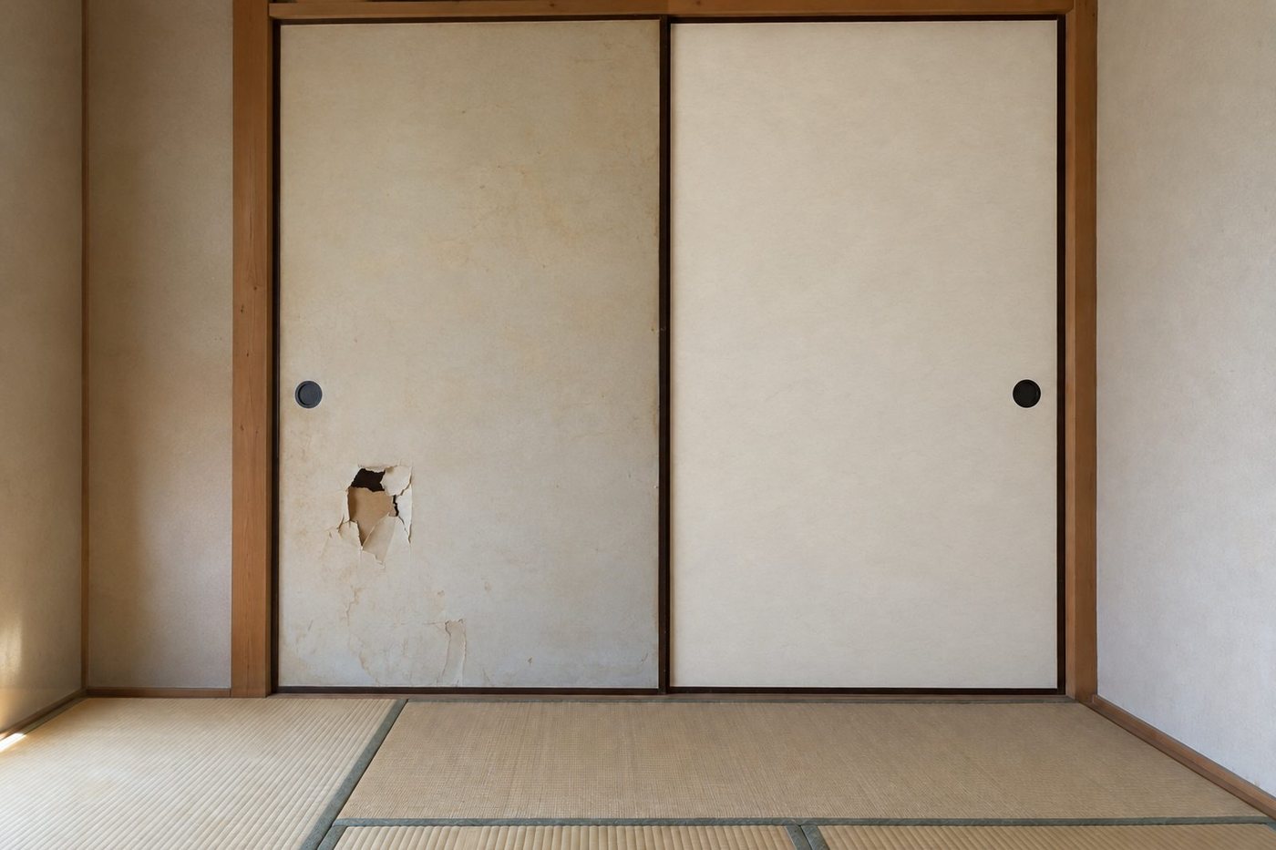 ふすま 2 枚。左は破れて黄ばんだ張り替え前、右は張り替えたあとのイメージ写真